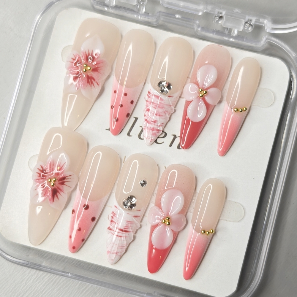 Elegant Pink and Red Floral Stiletto Handmade Press On Nails Set - Picture 3 of 12